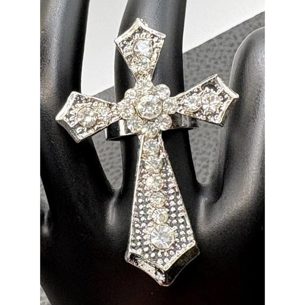 Vintage HUGE Y2K Large Statement Cross Ring Rhinestone Adjustable Silver Tone